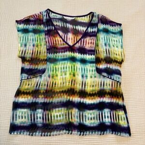 Trina Turk 100% Silk Blouse Large Multicolor Sheer Top Abstract USA Made Retro
